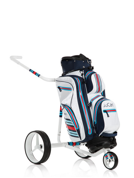 JuCad Racing 2.0 mit Beispielbag Aquastop blau-weiß-rot in Racing Design. Golfbag im Lieferumfang nicht enthalten.